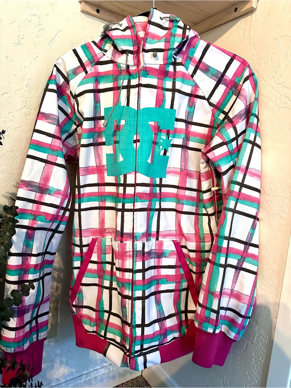 DC Girls' Plaid Hoodie in Teal, Pink & White